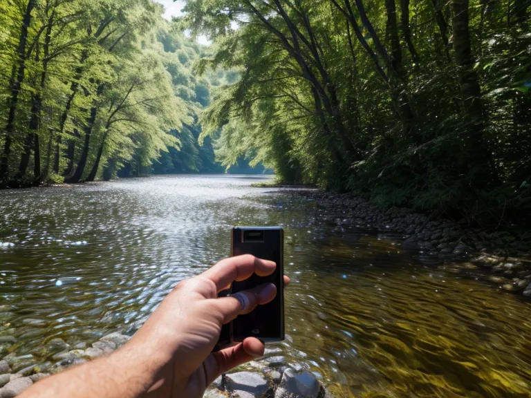 Hand holding a phone with an audio language app by Lake Mendota.