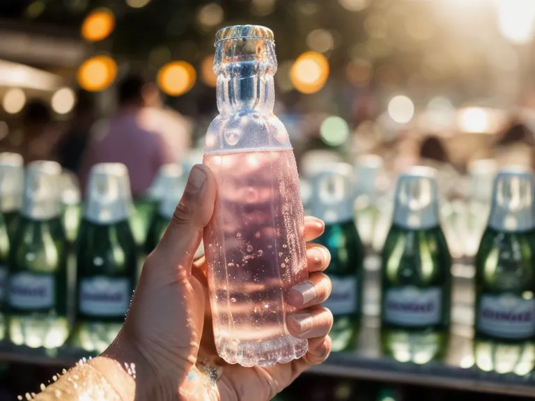 A hand holding a cold bottle of sparkling water with condensation in Mexico City.