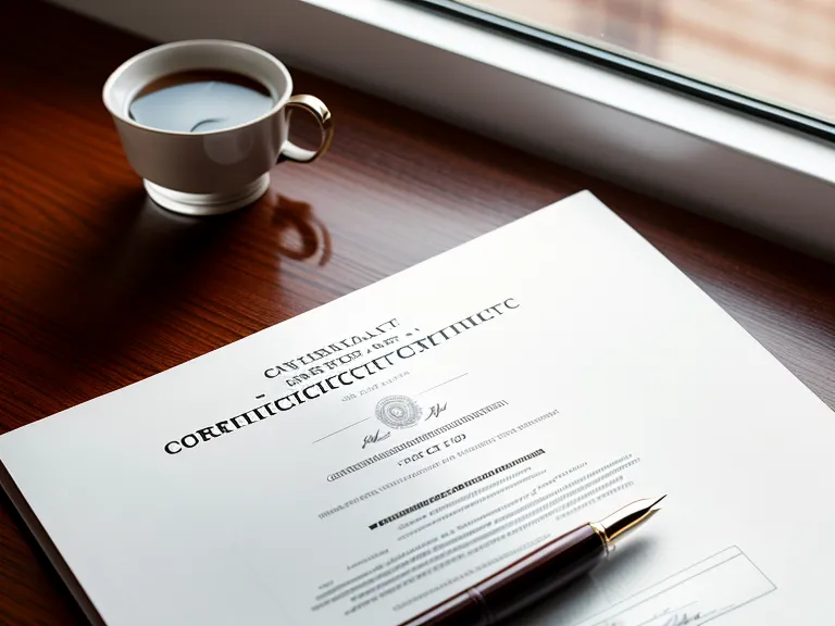 A language proficiency certificate resting on a desk with a pen and glasses.