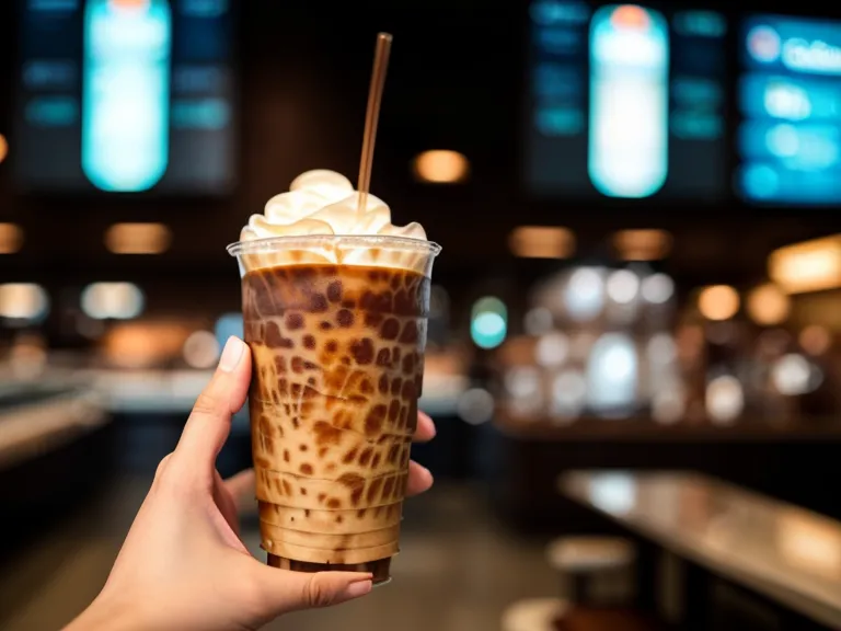 Hand holding an iced coffee with a language app visible on a phone screen at an airport.