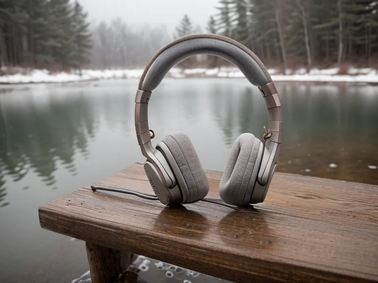 Headphones on a snowy bench overlooking a frozen Lake Mendota.
