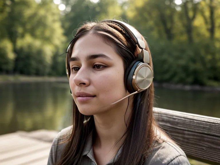 Headphones resting on a lakeside bench, standing in for Rocket Languages downloadable audio lessons for Japanese.