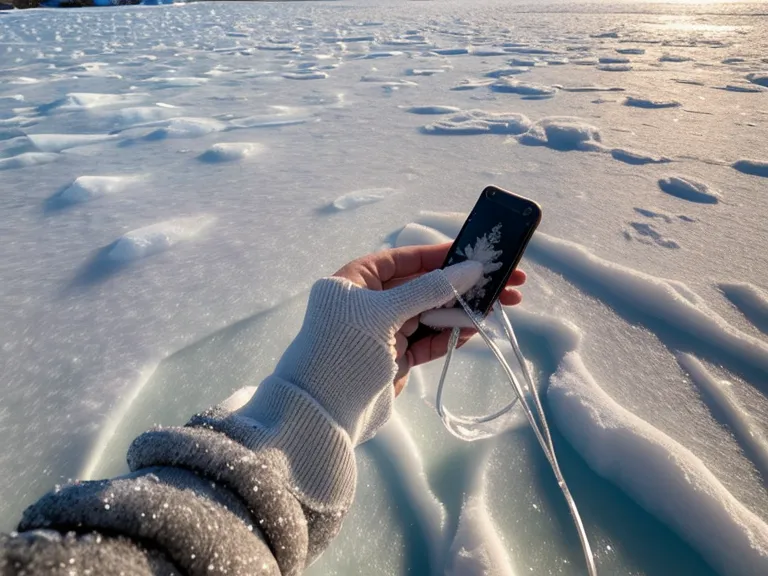 A person's view walking by a snowy lake while listening to a language lesson.